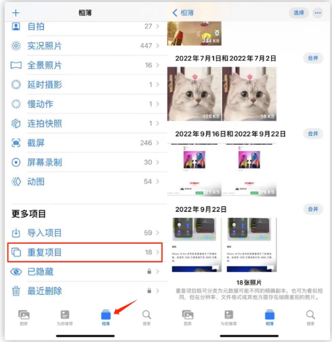 海宁苹果手机维修分享iOS 16 中相册重复项目功能使用方法 