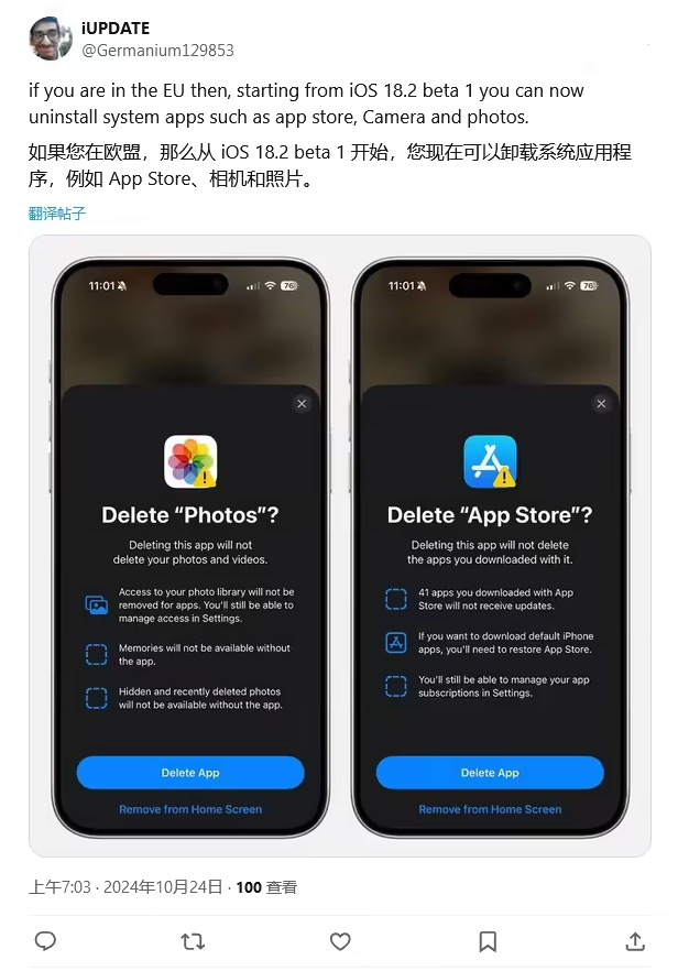 海宁苹果手机维修分享iOS 18.2 支持删除 App Store 应用商店 