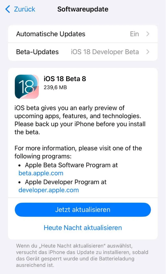 海宁苹果手机维修分享苹果 iOS / iPadOS 18 开发者预览版 Beta 8 发布 